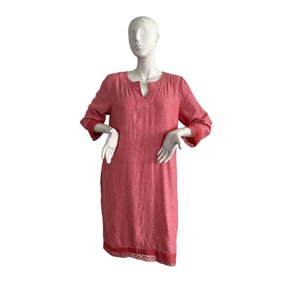 Talbots Dress Women Size 16 Melon Pink Chambray Linen Blend Crochet Trim Pocket - Picture 1 of 12
